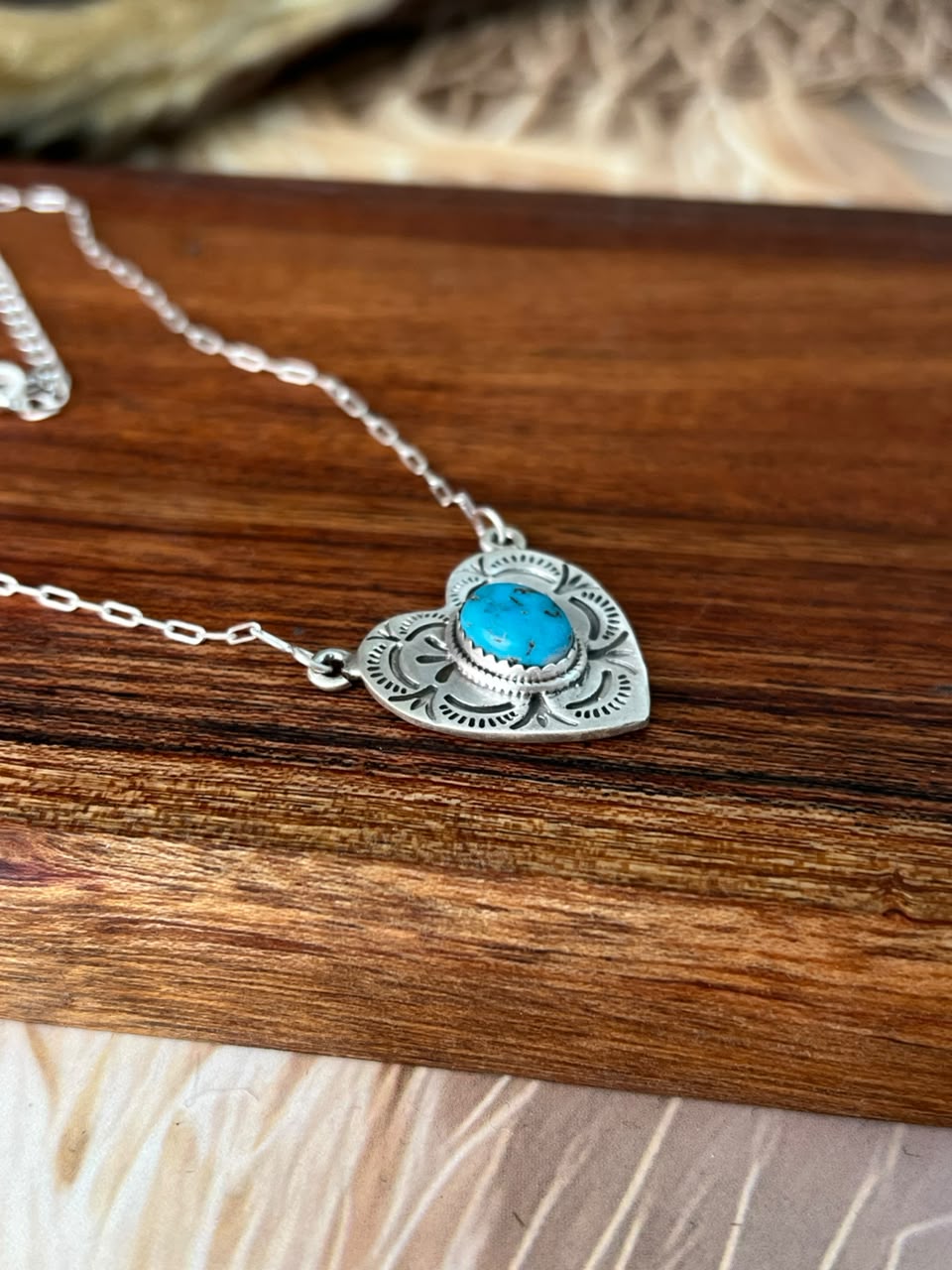 Handmade Sterling Silver Kingman Turquoise Heart Necklace Signed Nizhoni