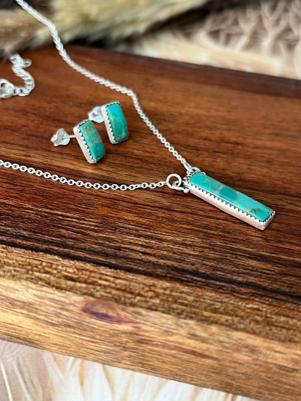 Handmade Sterling Silver Kingman Turquoise Necklace and Earrings Set Signed Nizhoni