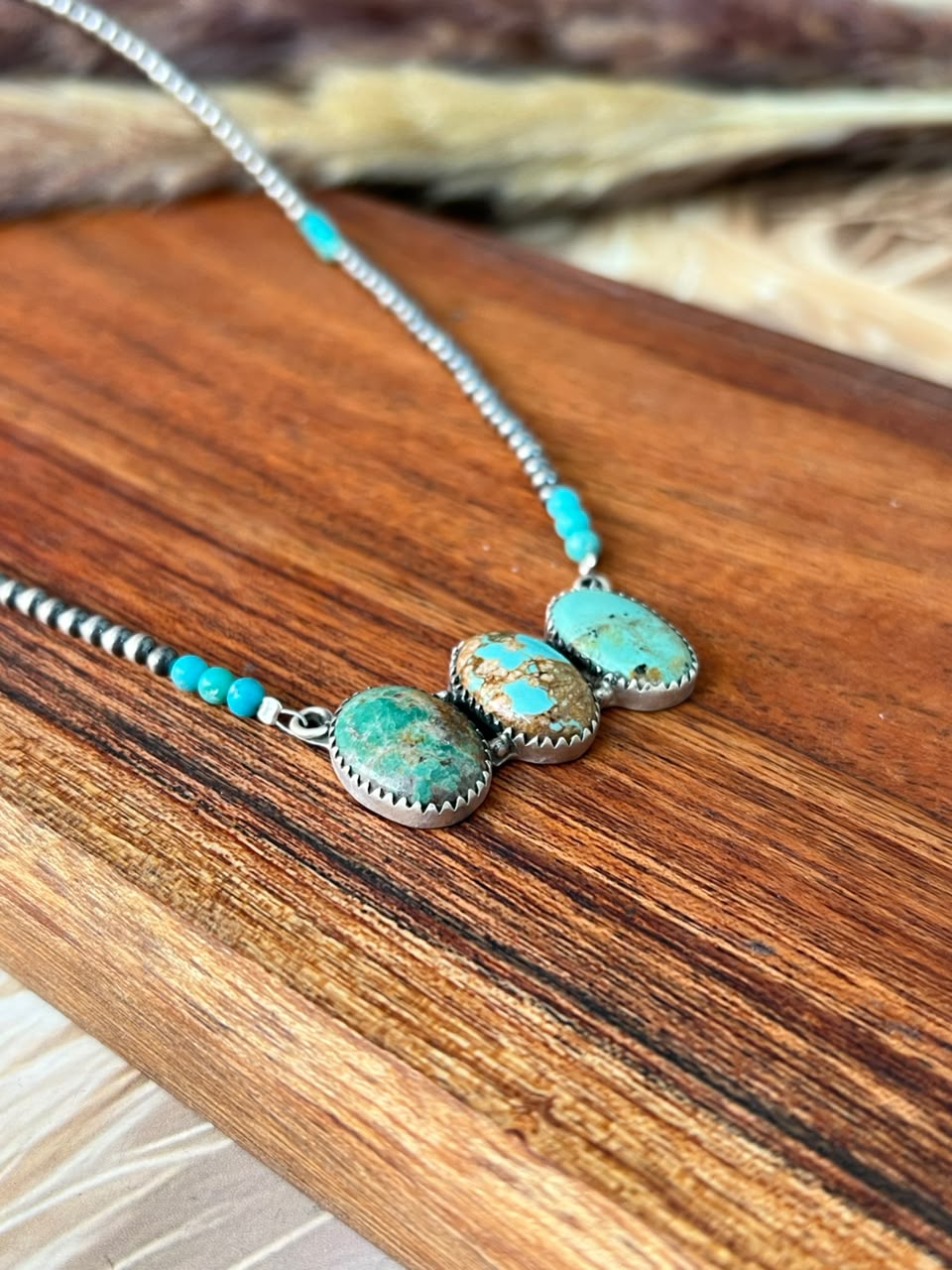 Handmade Sterling Silver Manassa with Kingman Turquoise Beaded Necklace Signed Nizhoni