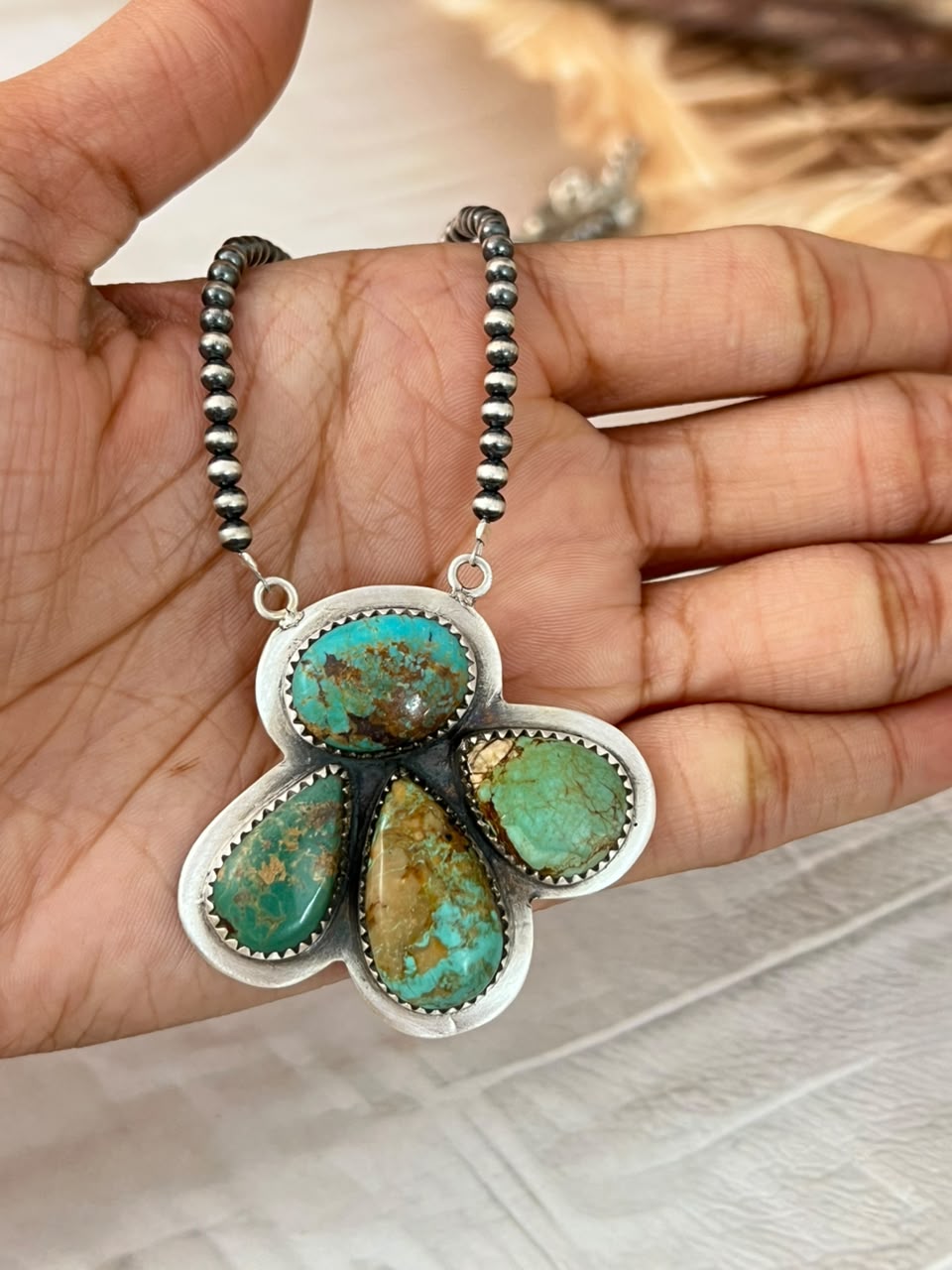 Handmade Sterling Silver Manassa with Kingman Turquoise Beaded Necklace Signed Nizhoni