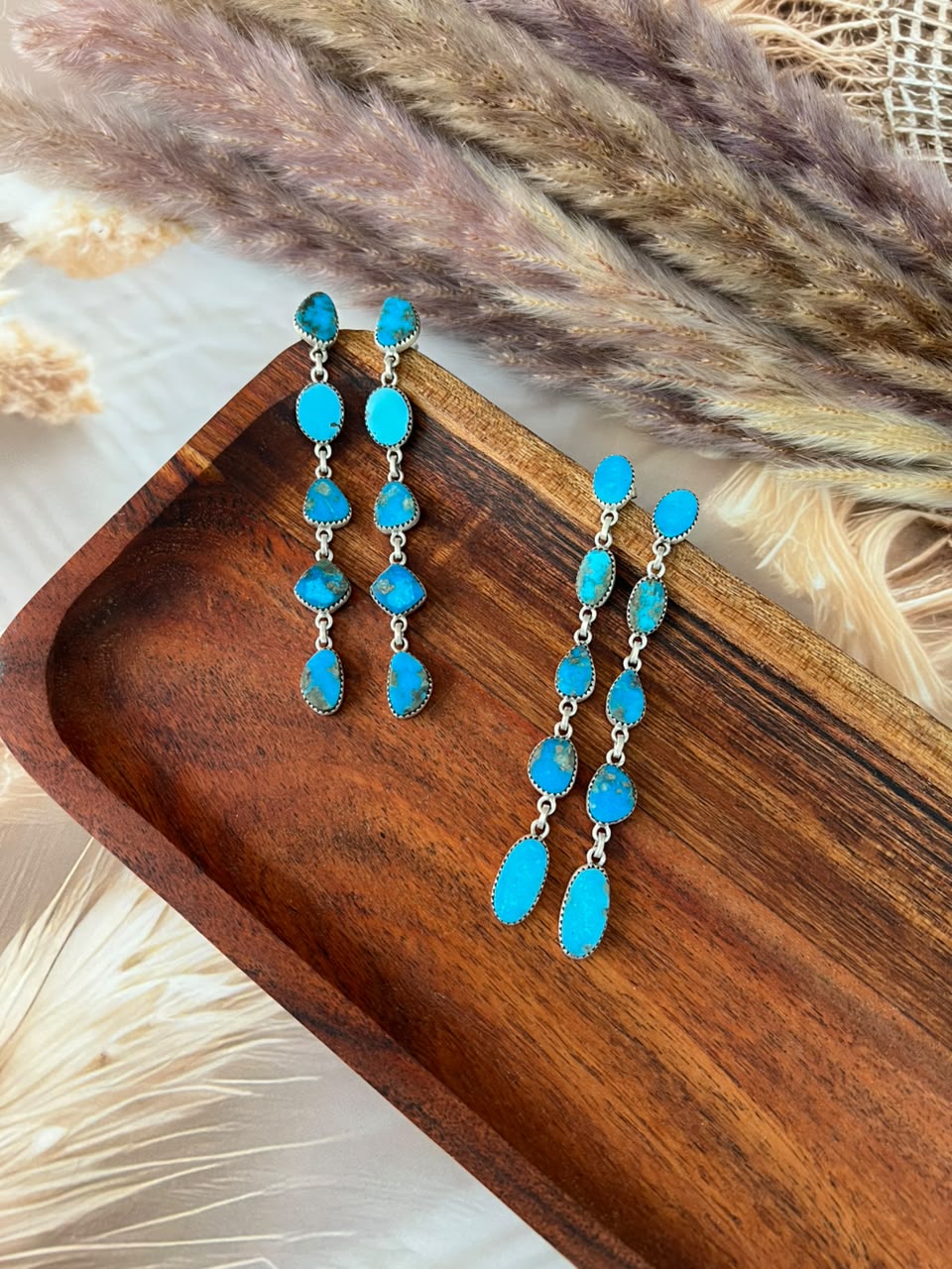 Handmade Sterling Silver Kingman Turquoise Post Dangle Earrings Signed Nizhoni 5 STONE
