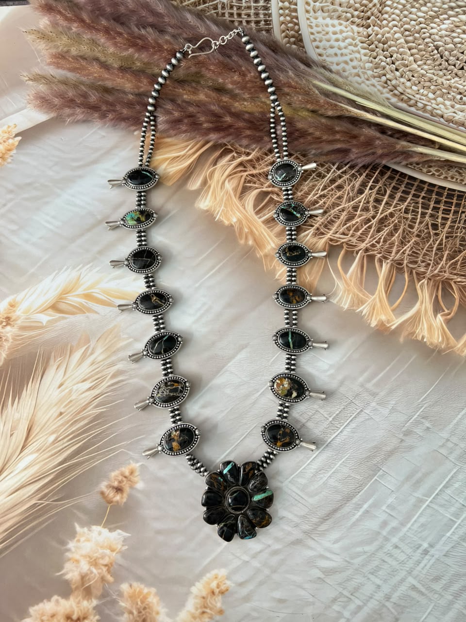 Handmade Sterling Silver Blackjack Turquoise Collection: Squash Blossom Beaded Necklace Signed Nizhoni