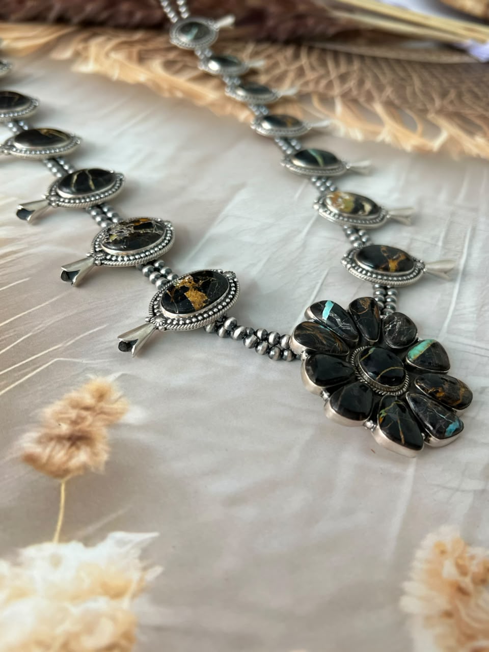 Handmade Sterling Silver Blackjack Turquoise Collection: Squash Blossom Beaded Necklace Signed Nizhoni