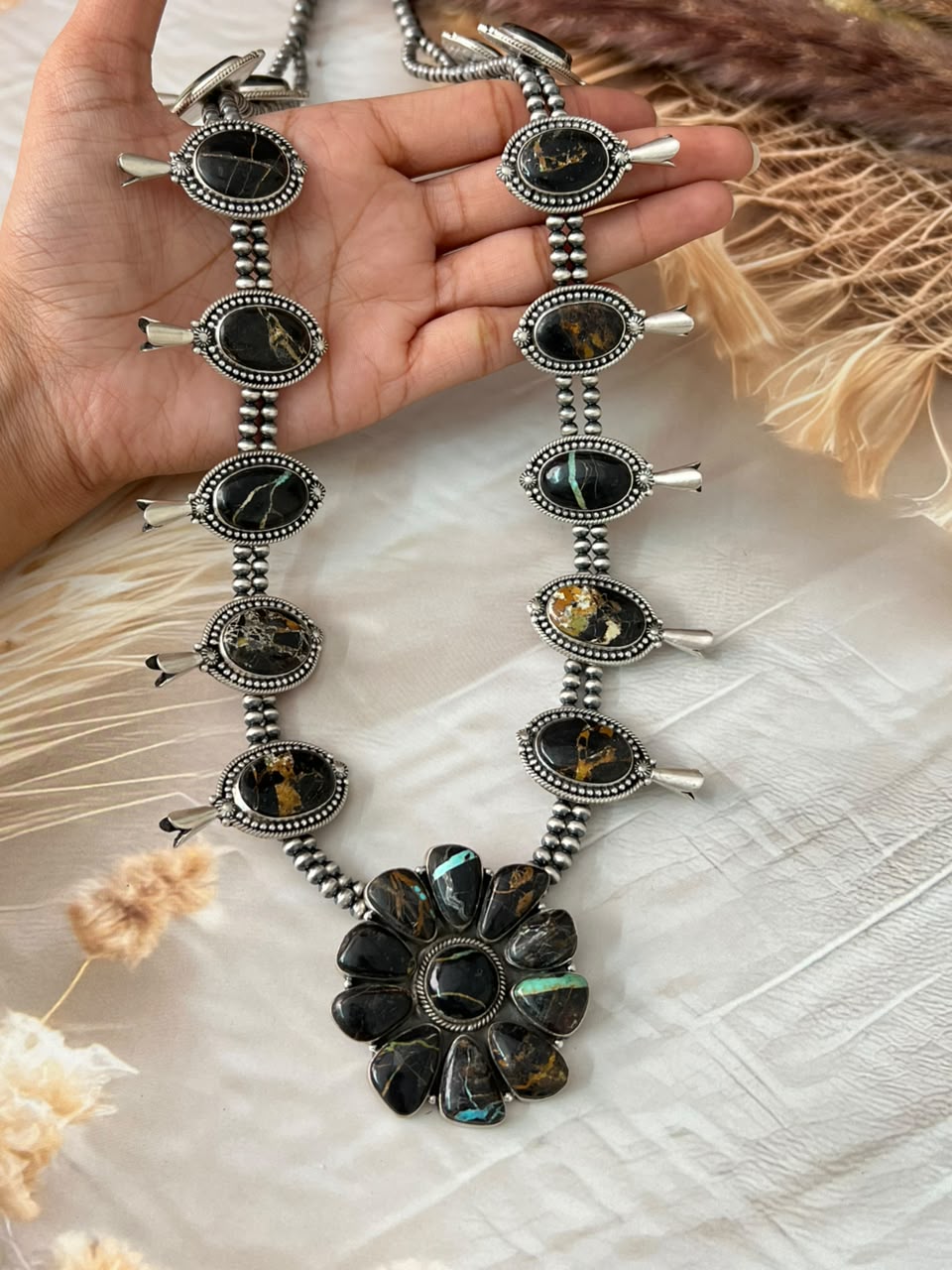Handmade Sterling Silver Blackjack Turquoise Collection: Squash Blossom Beaded Necklace Signed Nizhoni