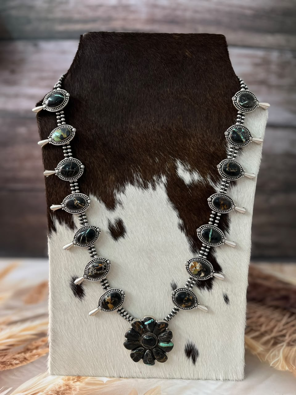 Handmade Sterling Silver Blackjack Turquoise Collection: Squash Blossom Beaded Necklace Signed Nizhoni