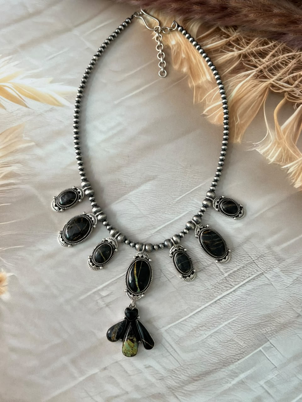 Handmade Sterling Silver Blackjack Turquoise Collection: Beaded Necklace Signed Nizhoni