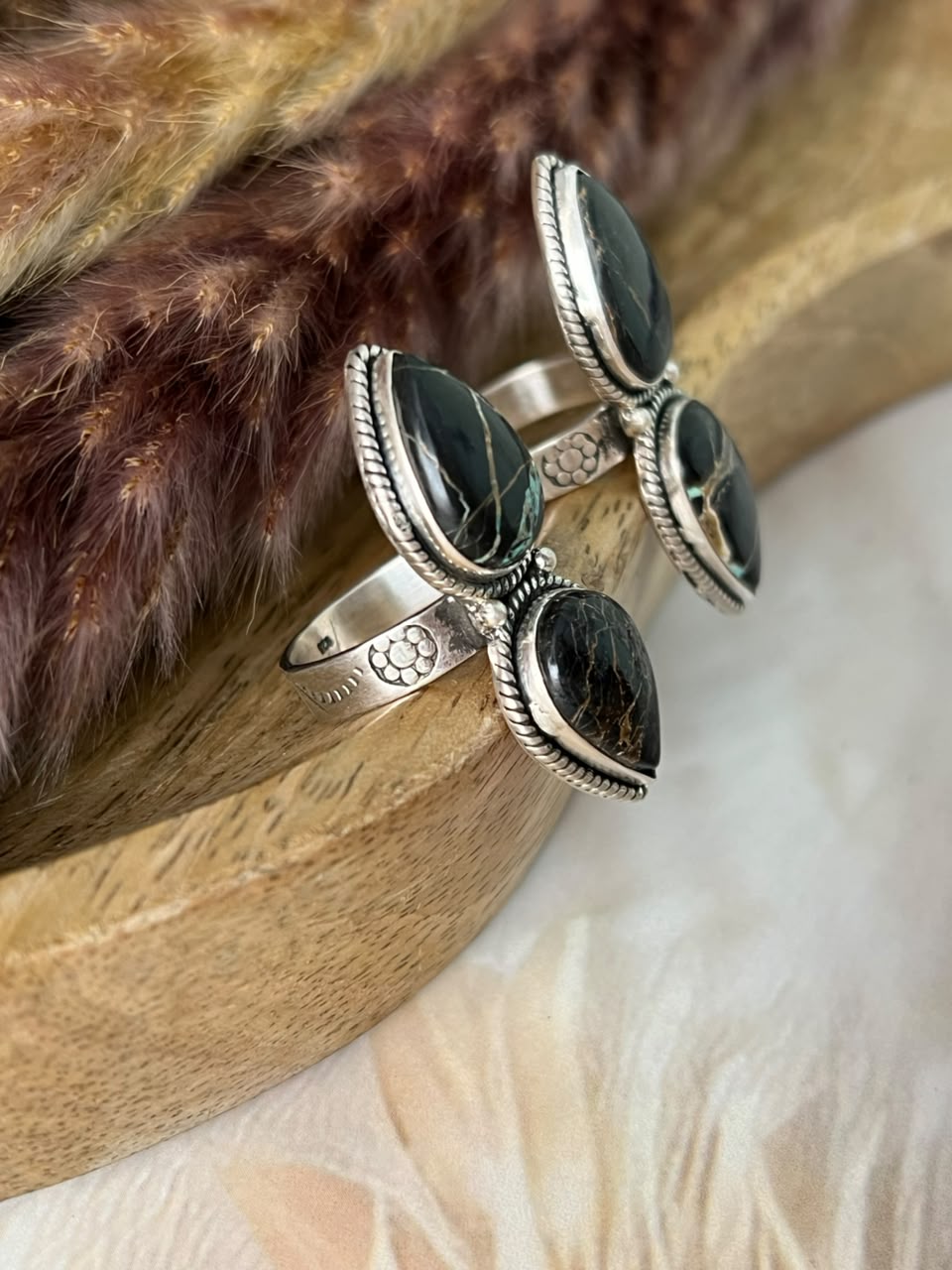 Handmade Sterling Silver Blackjack Turquoise Collection: Adjustable Ring Signed Nizhoni