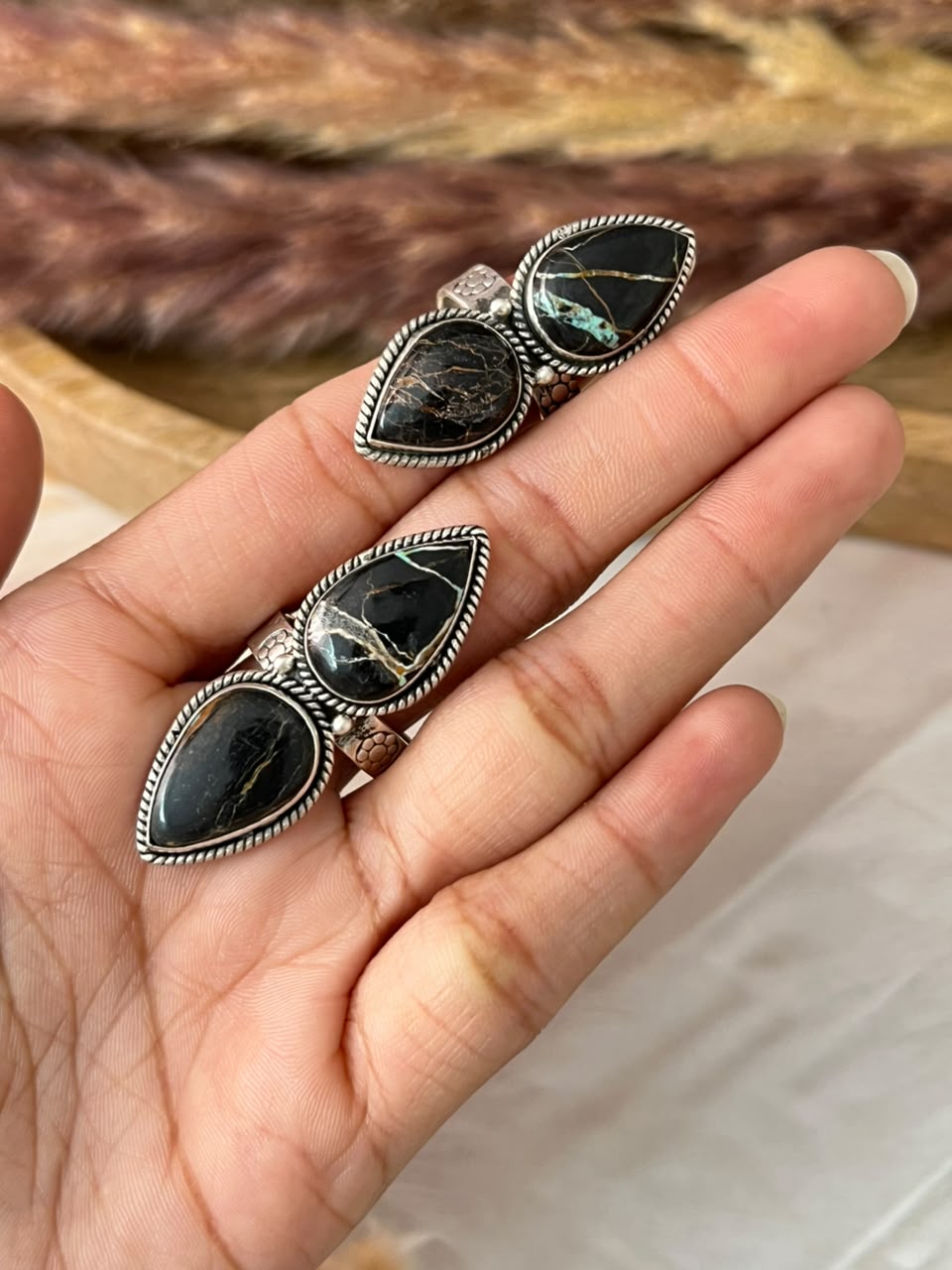 Handmade Sterling Silver Blackjack Turquoise Collection: Adjustable Ring Signed Nizhoni