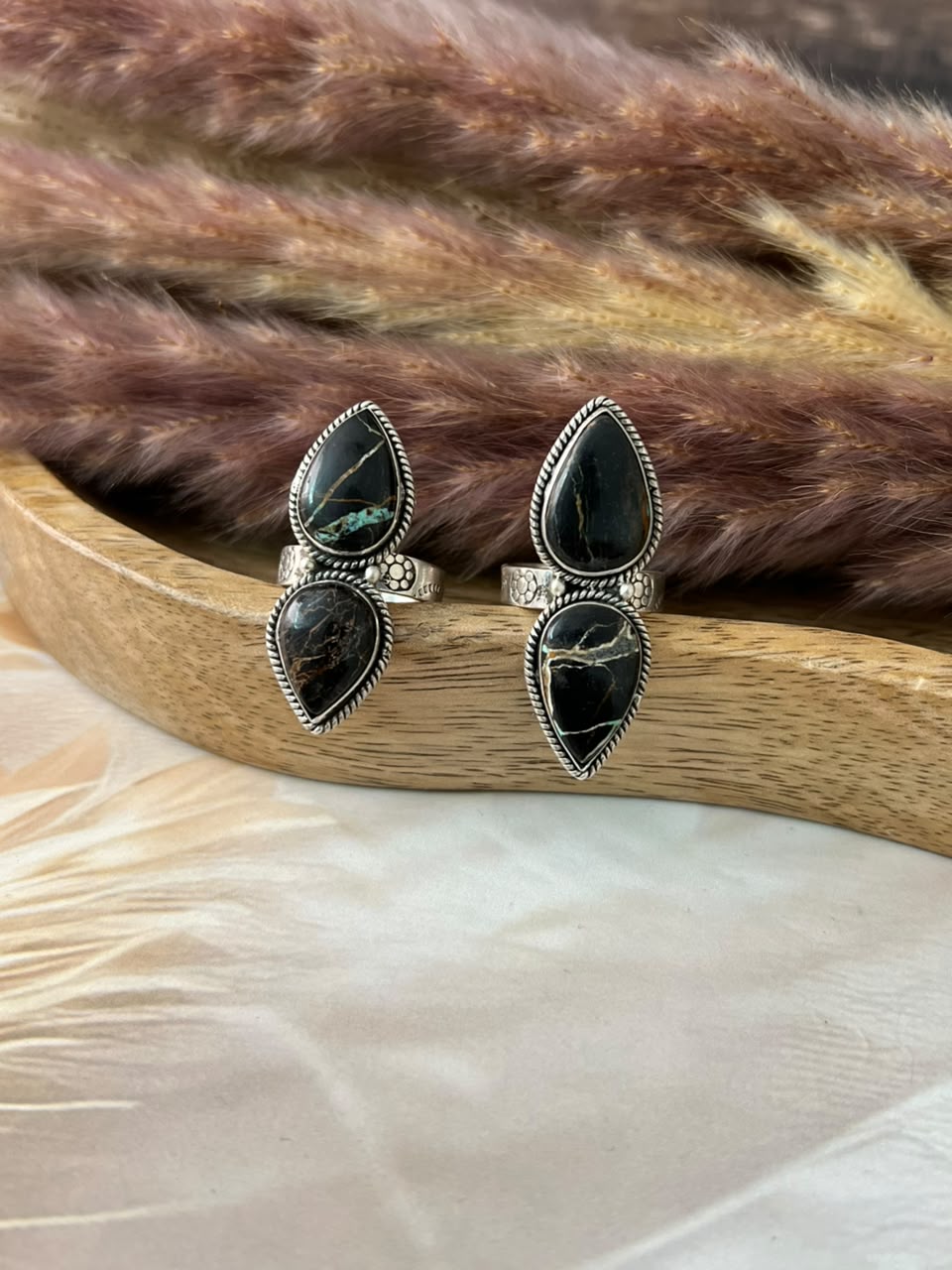 Handmade Sterling Silver Blackjack Turquoise Collection: Adjustable Ring Signed Nizhoni