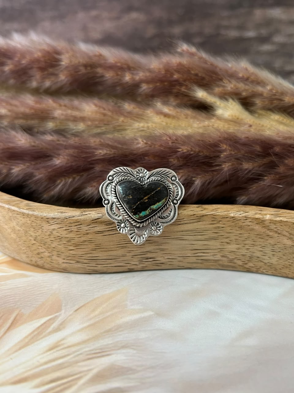 Handmade Sterling Silver Blackjack Turquoise Collection: Heart Adjustable Ring Signed Nizhoni
