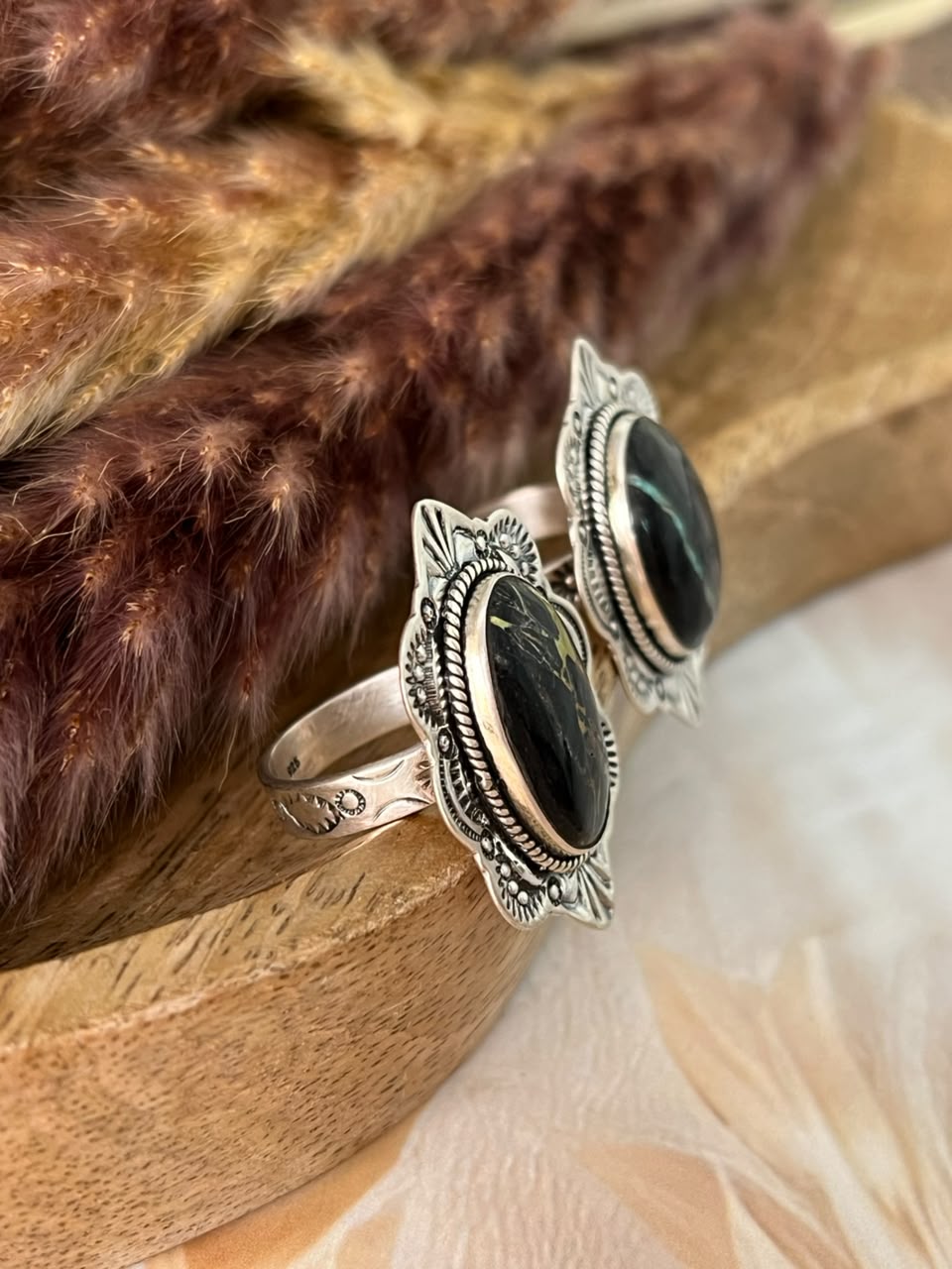 Handmade Sterling Silver Blackjack Turquoise Collection: Adjustable Ring Signed Nizhoni