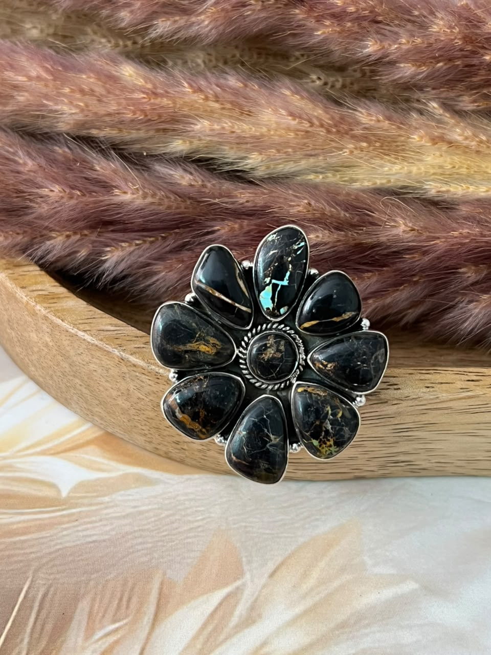Handmade Sterling Silver Blackjack Turquoise Collection: Adjustable Ring Signed Nizhoni
