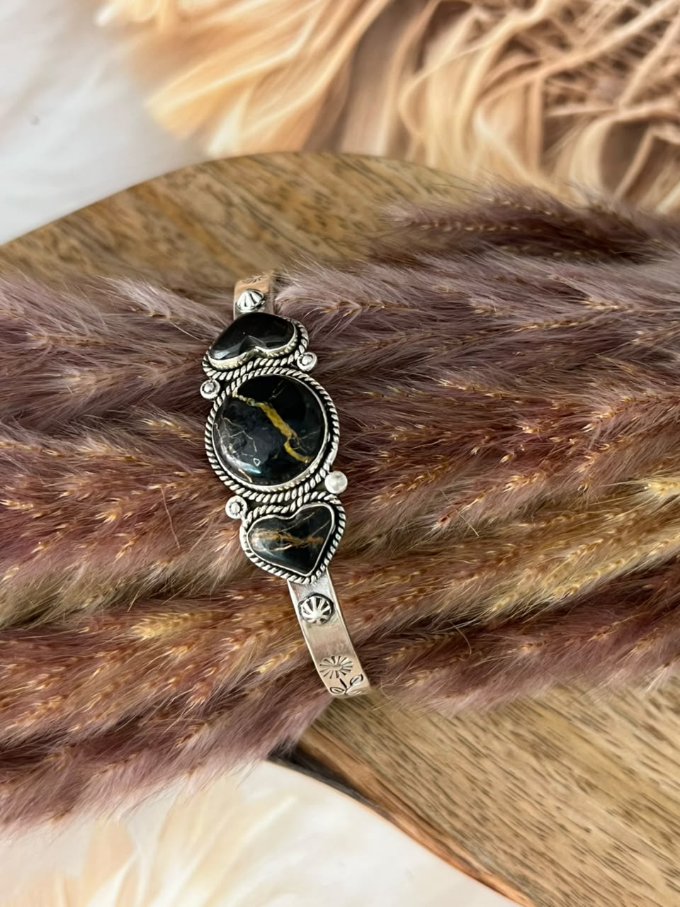 Handmade Sterling Silver Blackjack Turquoise Collection: Cuff Bracelet Signed Nizhoni