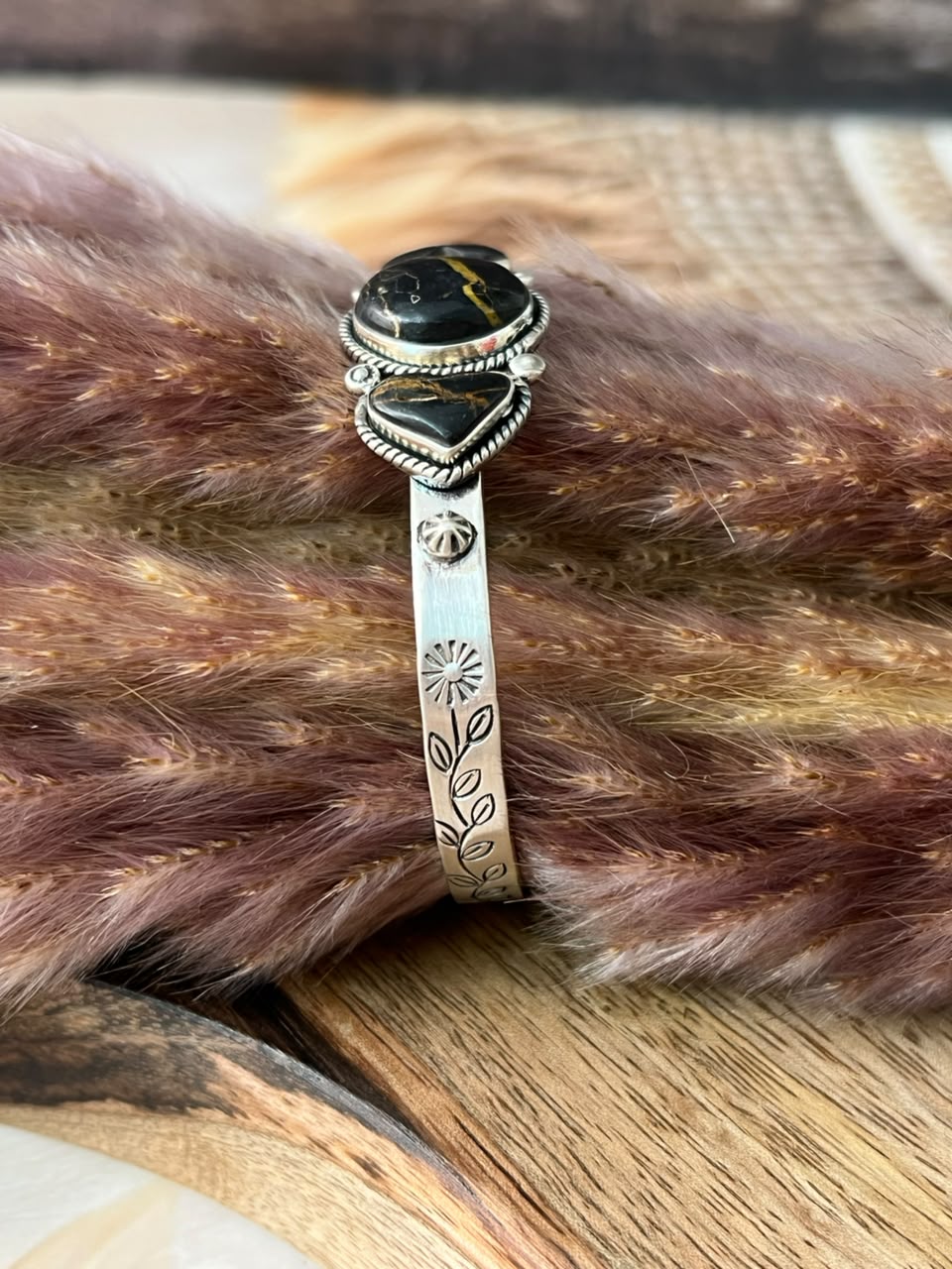 Handmade Sterling Silver Blackjack Turquoise Collection: Cuff Bracelet Signed Nizhoni