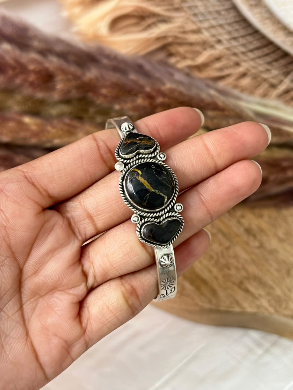 Handmade Sterling Silver Blackjack Turquoise Collection: Cuff Bracelet Signed Nizhoni