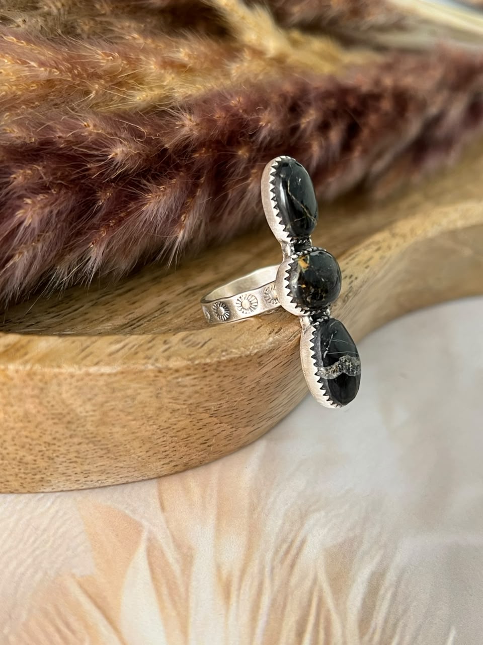 Handmade Sterling Silver Blackjack Turquoise Collection: Adjustable Ring Signed Nizhoni