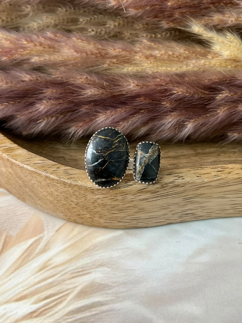 Handmade Sterling Silver Blackjack Turquoise Collection: Adjustable Ring Signed Nizhoni