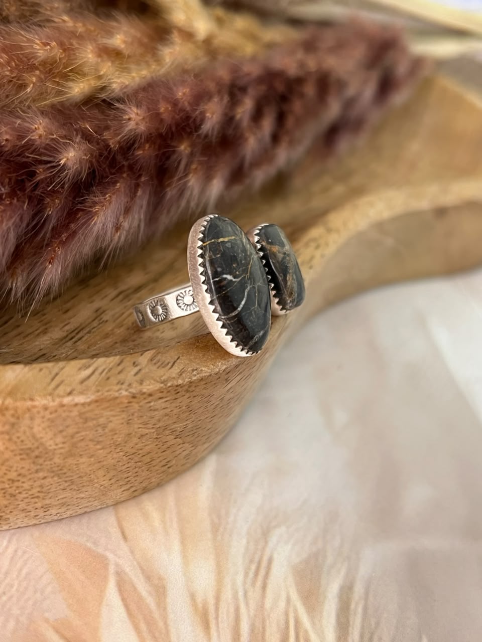 Handmade Sterling Silver Blackjack Turquoise Collection: Adjustable Ring Signed Nizhoni