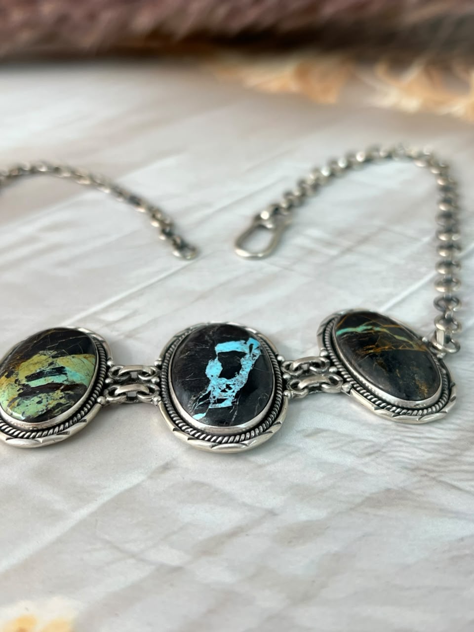 Handmade Sterling Silver Blackjack Turquoise Collection: Necklace Signed Nizhoni