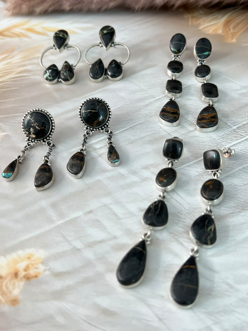 Handmade Sterling Silver Blackjack Turquoise Collection: Post Dangle Earrings Signed Nizhoni