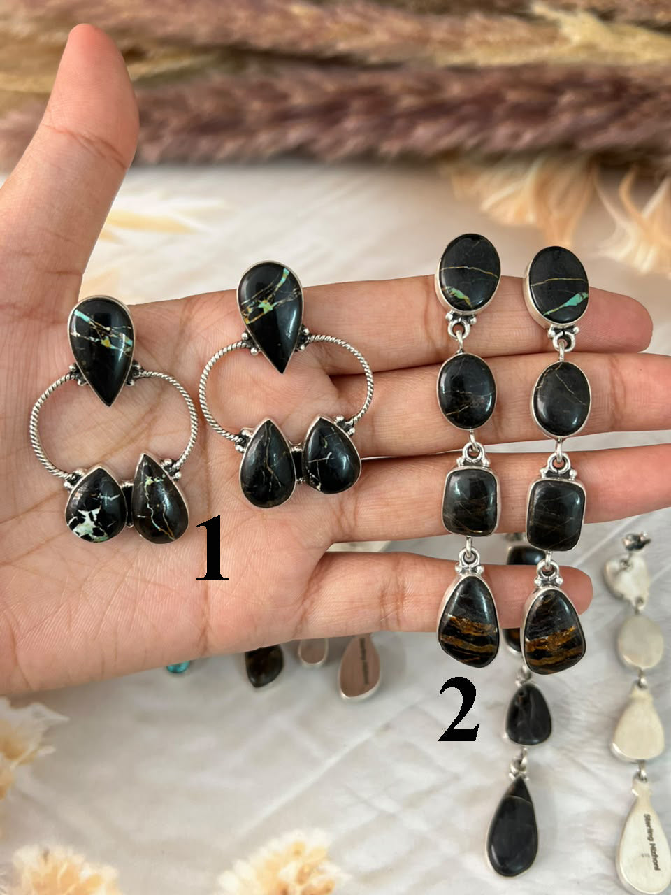 Handmade Sterling Silver Blackjack Turquoise Collection: Post Dangle Earrings Signed Nizhoni