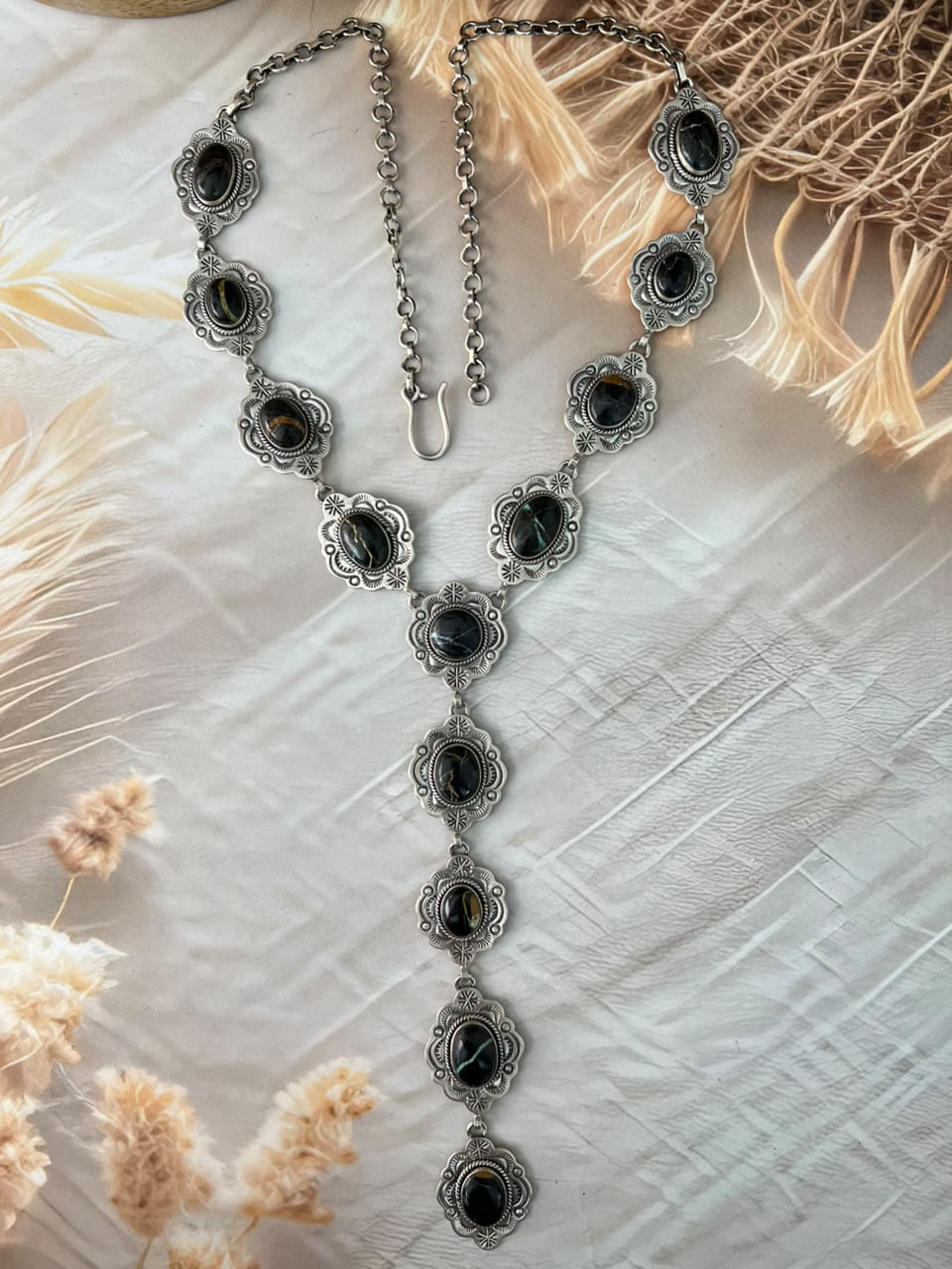 Handmade Sterling Silver Blackjack Turquoise Collection: 'Y Shaped' Necklace Signed Nizhoni