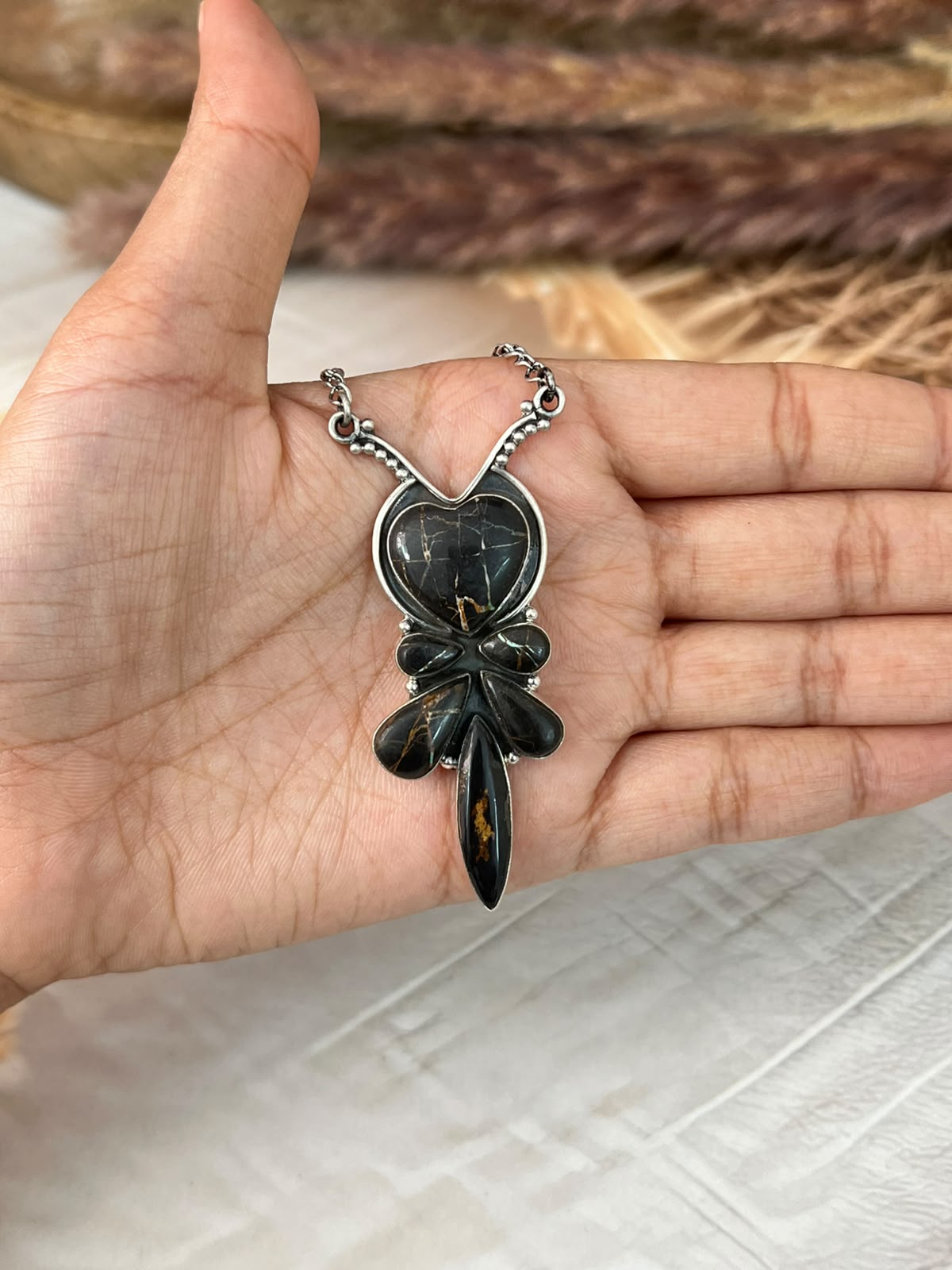Handmade Sterling Silver Blackjack Turquoise Collection: Necklace Signed Nizhoni
