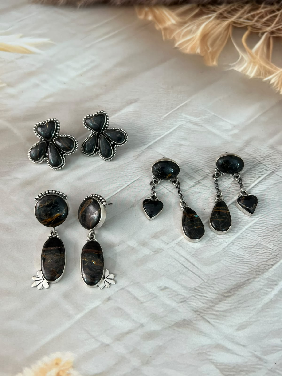 Handmade Sterling Silver Blackjack Turquoise Collection: Post Earrings Signed Nizhoni