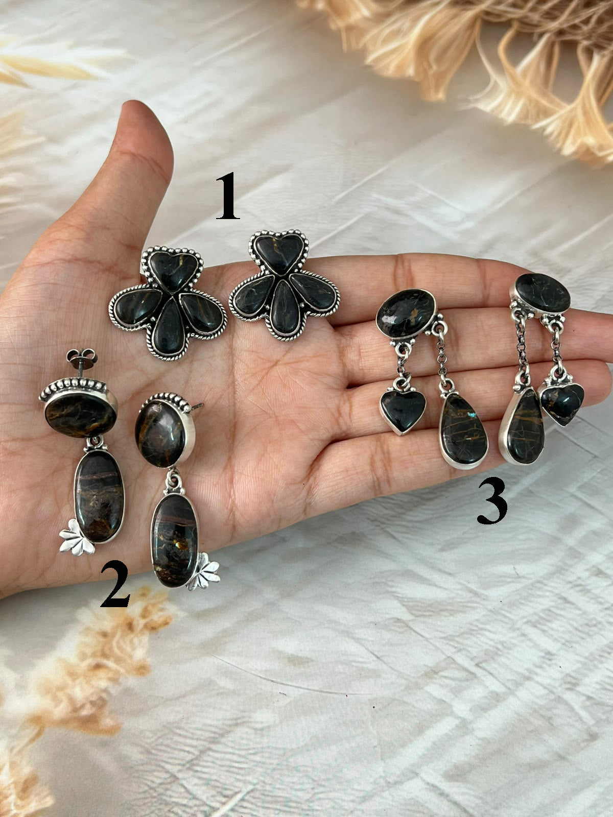 Handmade Sterling Silver Blackjack Turquoise Collection: Post Earrings Signed Nizhoni