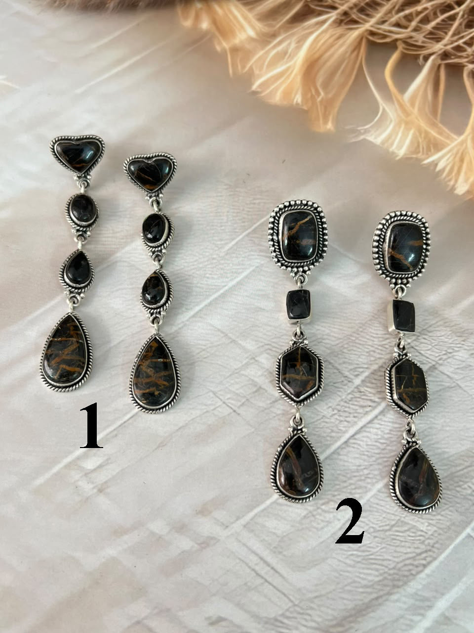 Handmade Sterling Silver Blackjack Turquoise Collection: Post Dangle Earrings Signed Nizhoni
