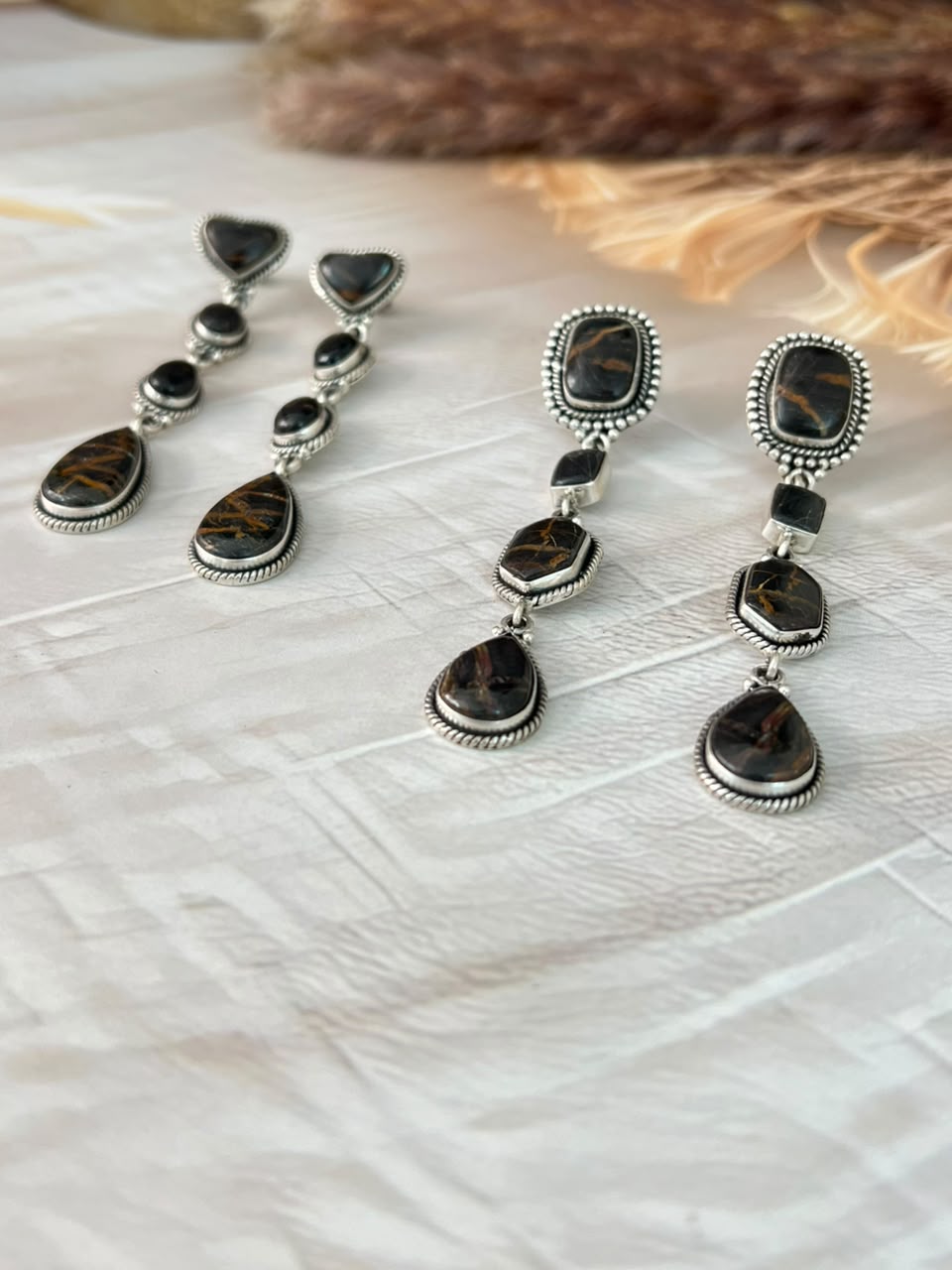 Handmade Sterling Silver Blackjack Turquoise Collection: Post Dangle Earrings Signed Nizhoni