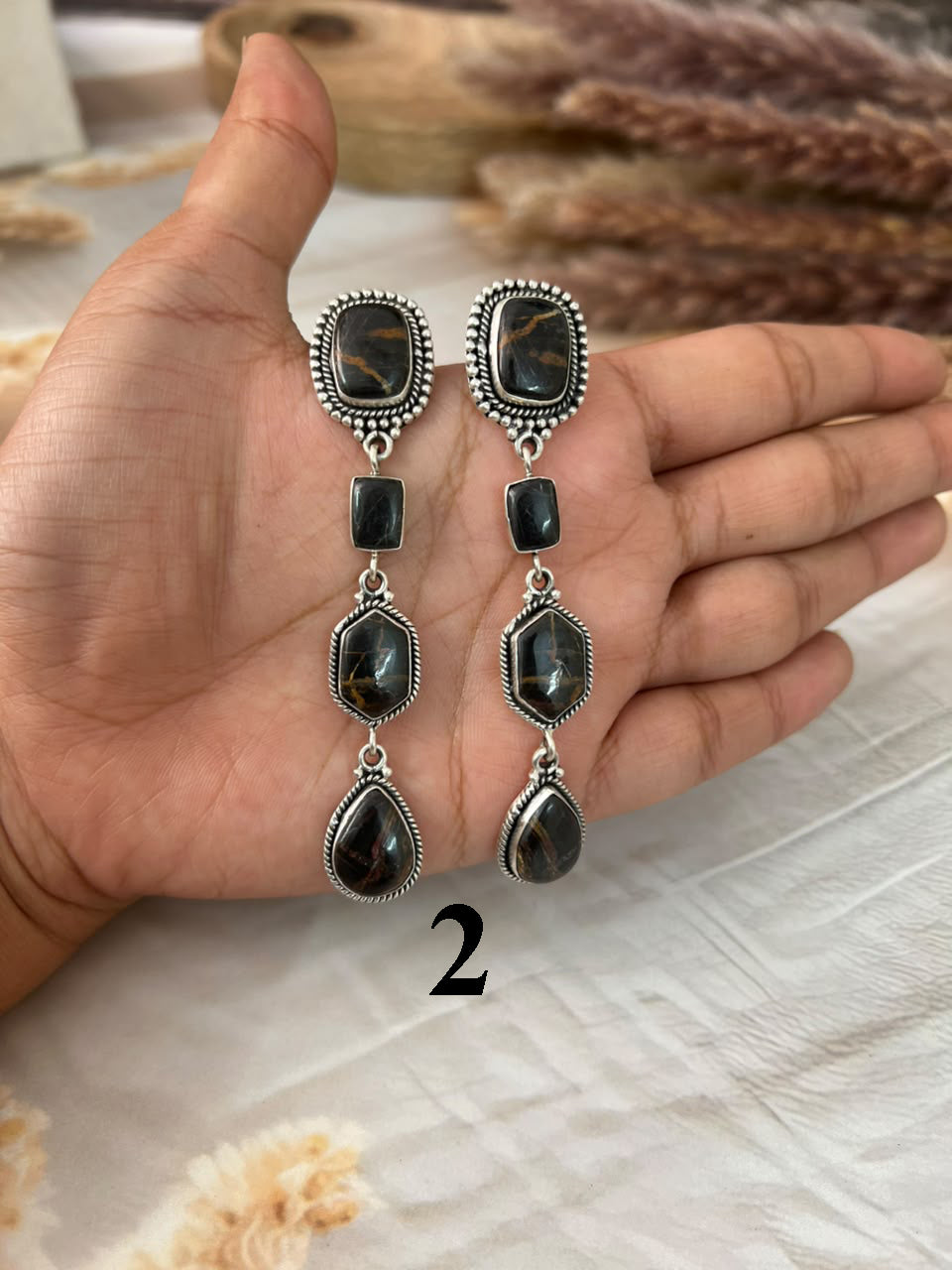 Handmade Sterling Silver Blackjack Turquoise Collection: Post Dangle Earrings Signed Nizhoni