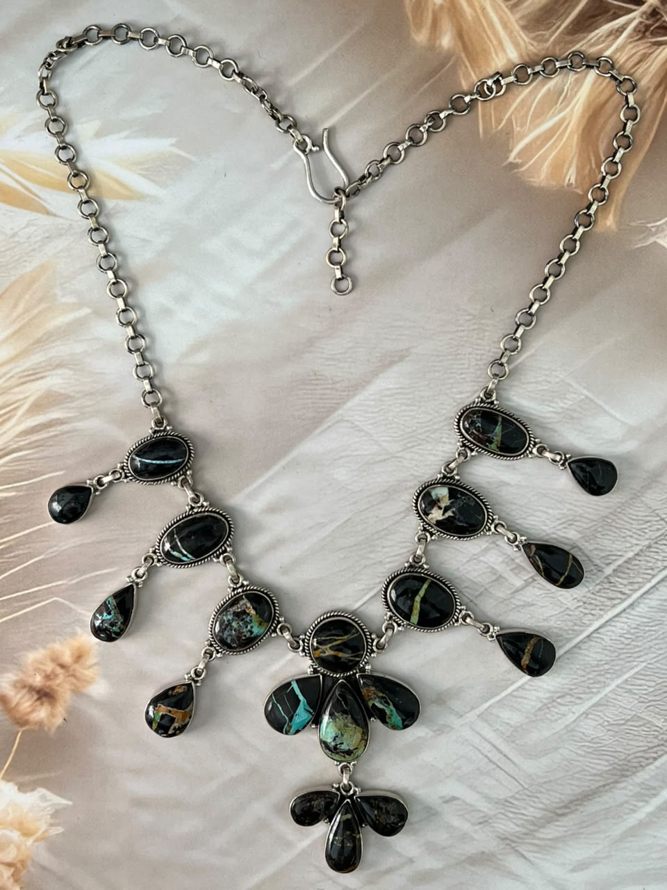 Handmade Sterling Silver Blackjack Turquoise Collection: Necklace Signed Nizhoni