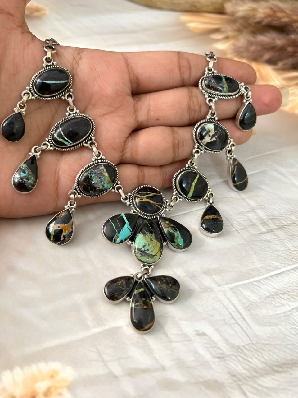 Handmade Sterling Silver Blackjack Turquoise Collection: Necklace Signed Nizhoni