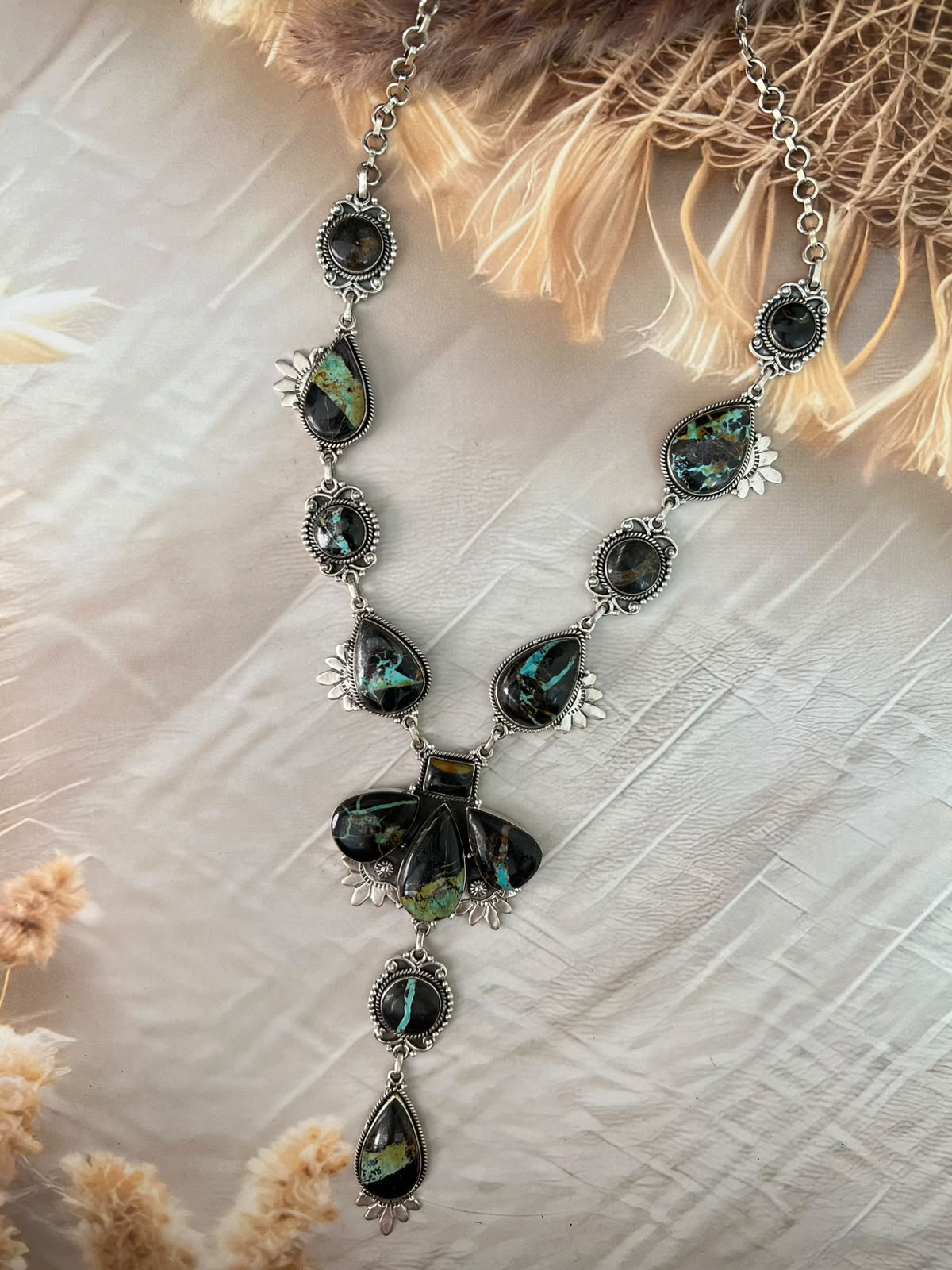 Handmade Sterling Silver Blackjack Turquoise Collection: Drop Necklace Signed Nizhoni