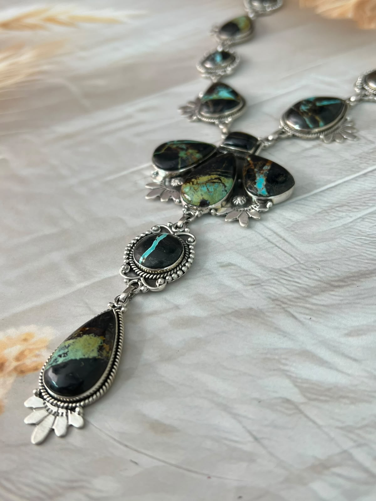 Handmade Sterling Silver Blackjack Turquoise Collection: Drop Necklace Signed Nizhoni