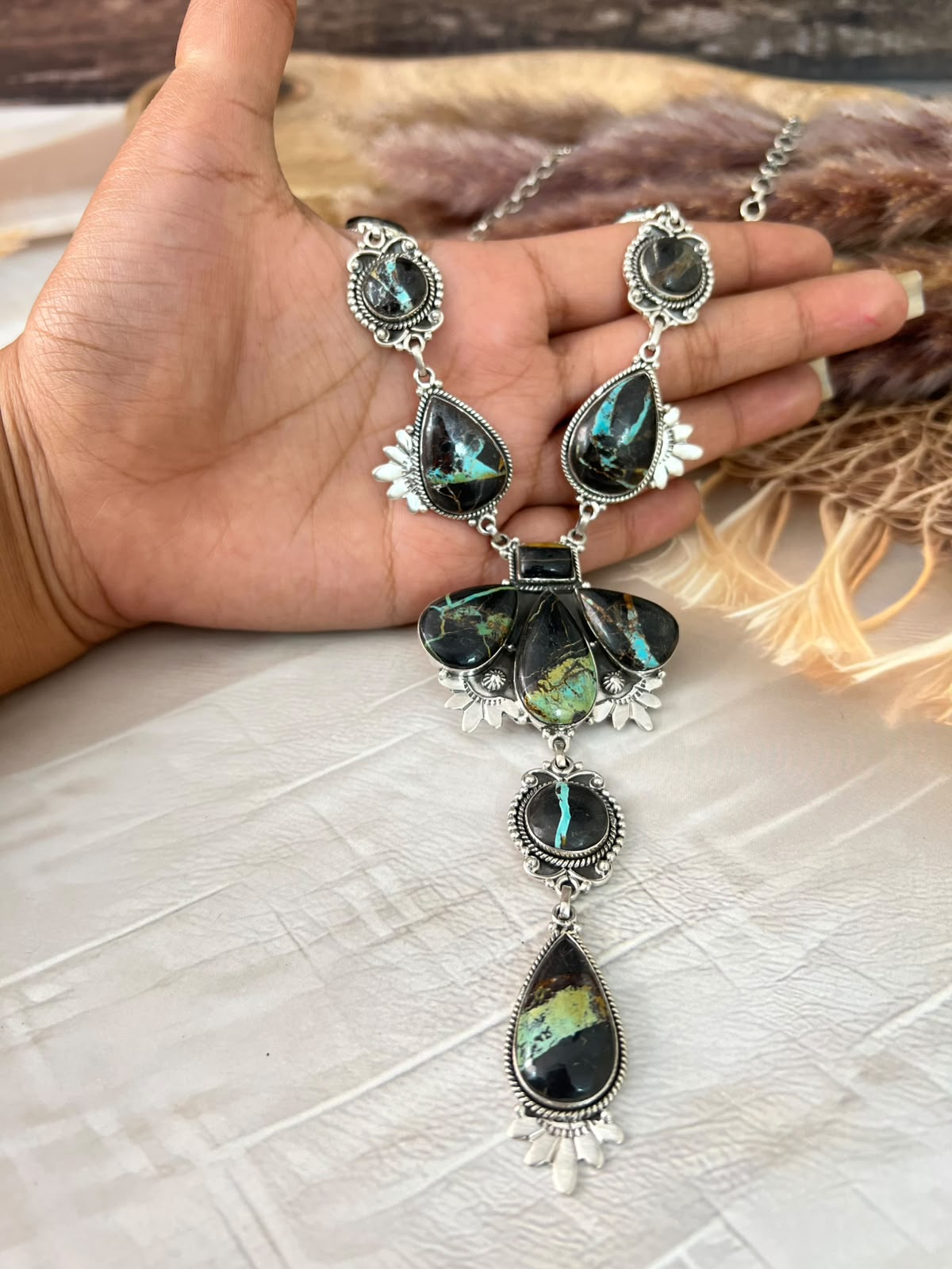 Handmade Sterling Silver Blackjack Turquoise Collection: Drop Necklace Signed Nizhoni