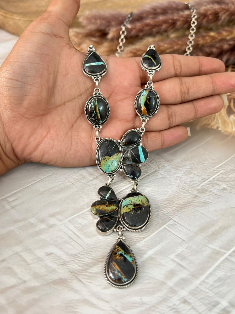 Handmade Sterling Silver Blackjack Turquoise Collection: Necklace Signed Nizhoni