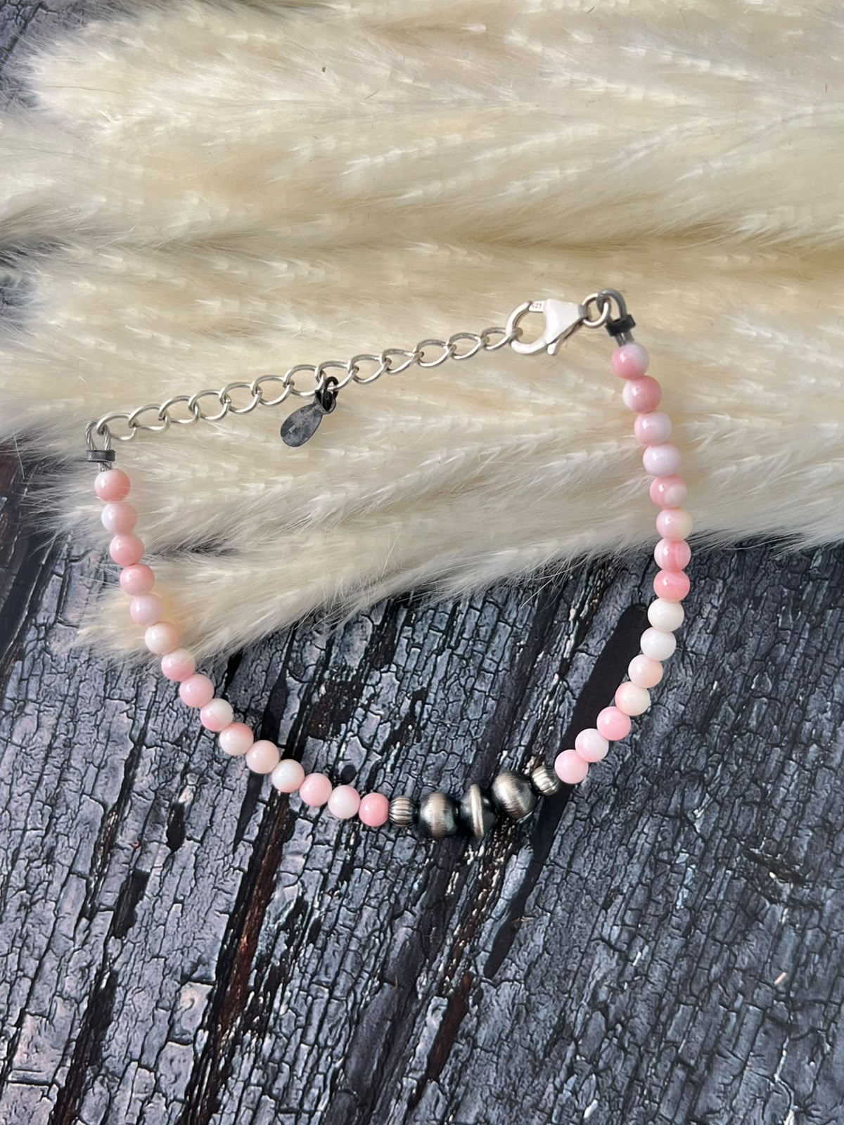 Handmade Sterling Silver Queen Pink Conch Collection: Beaded Chain Bracelet Signed Nizhoni (9)