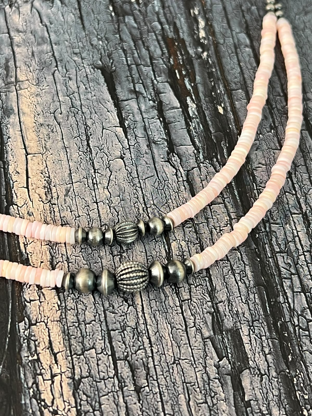 Handmade Sterling Silver Queen Pink Conch Collection: Beaded Layering Necklace Signed Nizhoni