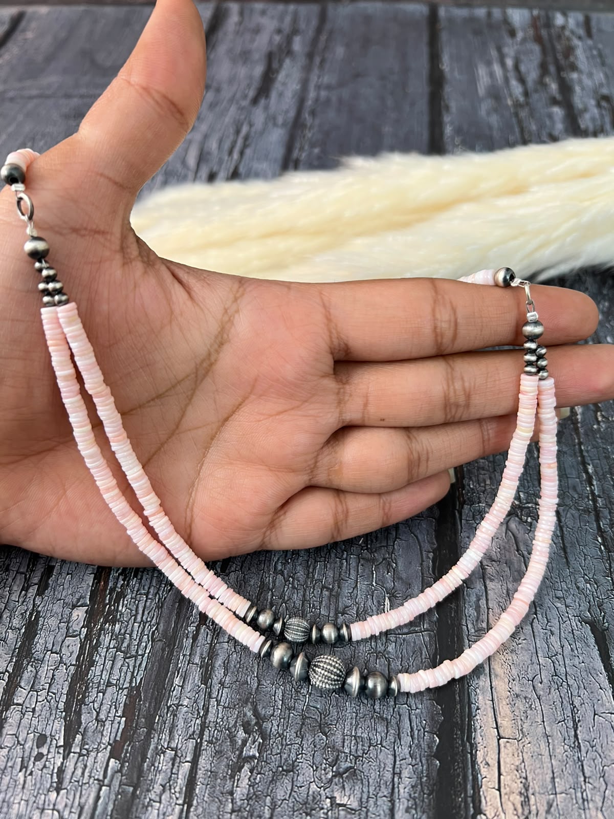Handmade Sterling Silver Queen Pink Conch Collection: Beaded Layering Necklace Signed Nizhoni