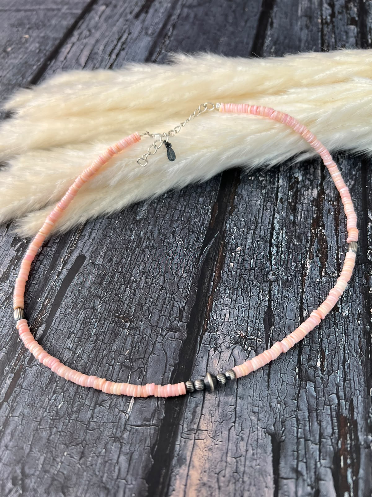 Handmade Sterling Silver Queen Pink Conch Collection: Beaded Necklace Signed Nizhoni (6)