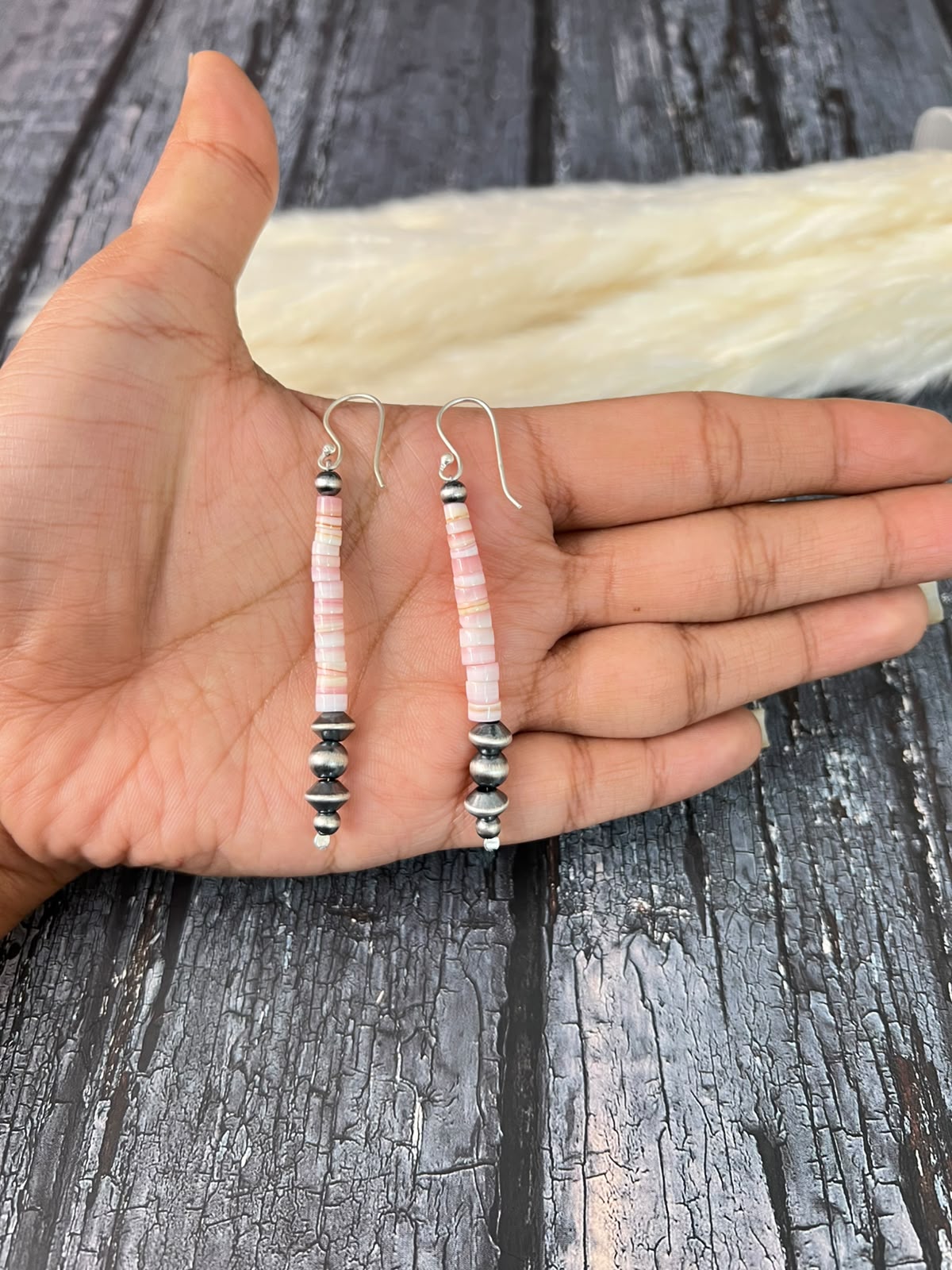 Handmade Sterling Silver Queen Pink Conch Collection: Beaded Hook Dangle Earrings (5)