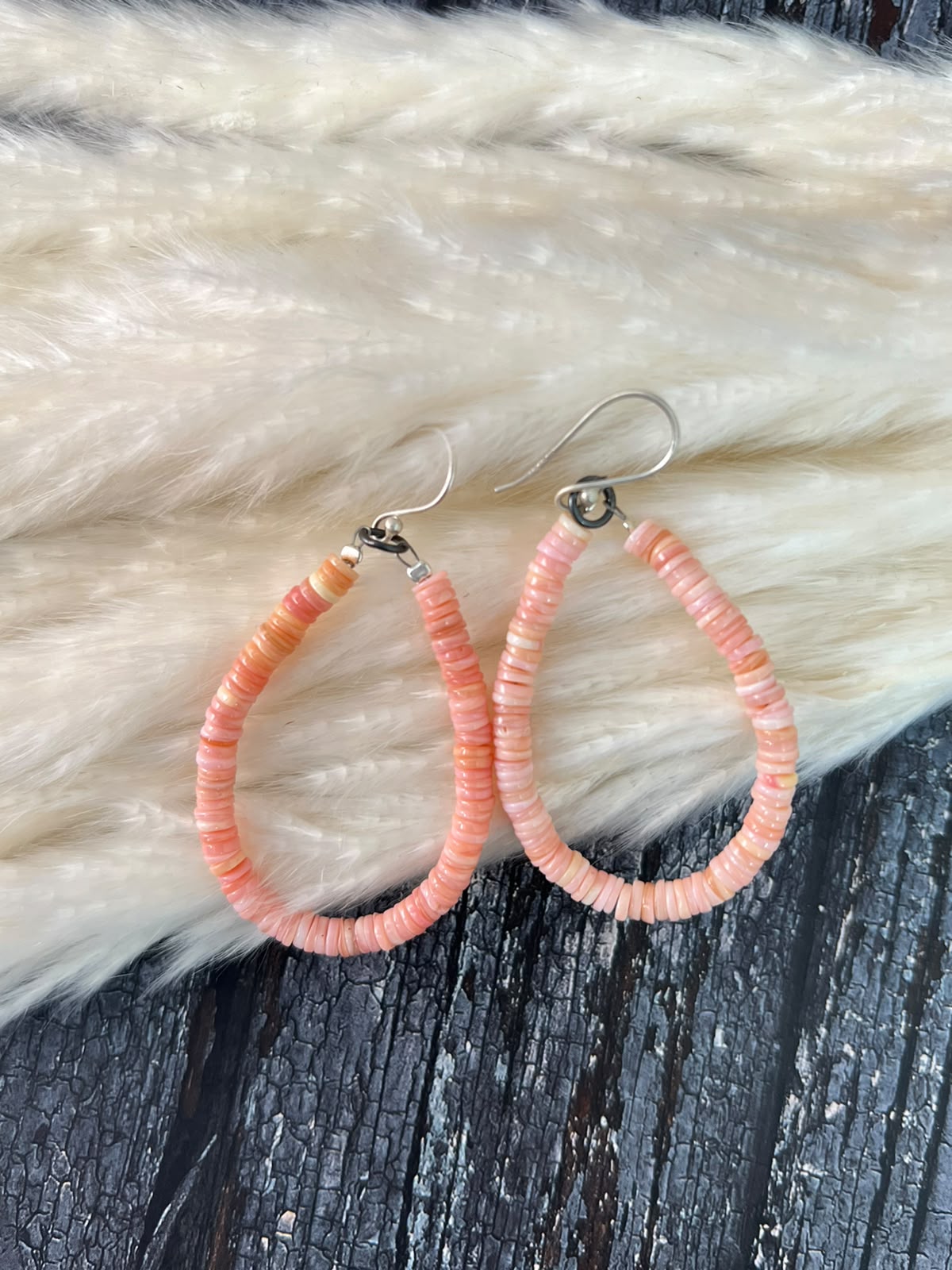 Handmade Sterling Silver Queen Pink Conch Collection: Beaded Hook Dangle Earrings (3)