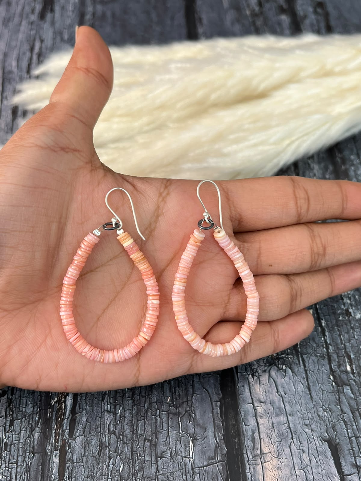Handmade Sterling Silver Queen Pink Conch Collection: Beaded Hook Dangle Earrings (3)