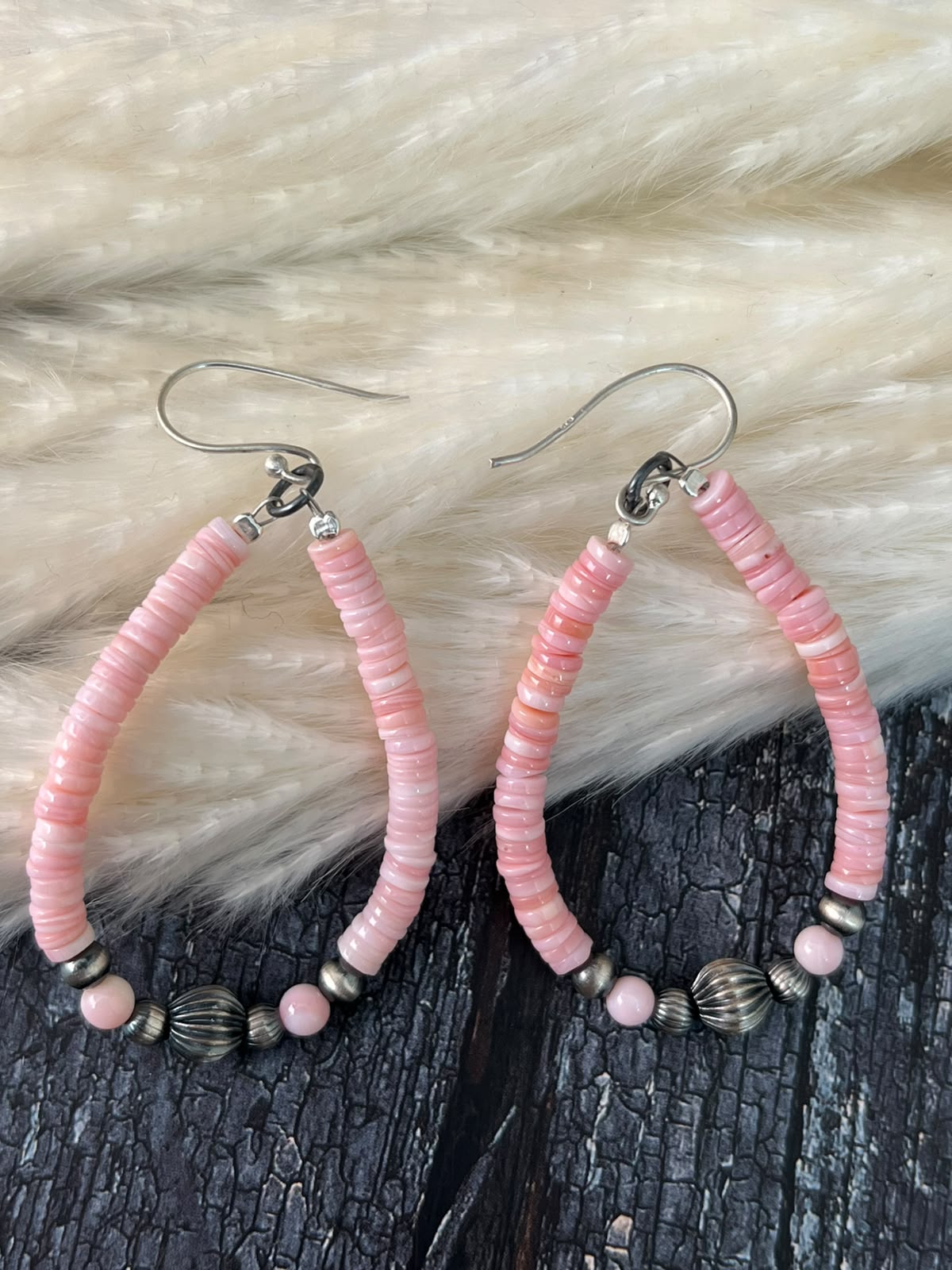 Handmade Sterling Silver Queen Pink Conch Collection: Beaded Hook Dangle Earrings