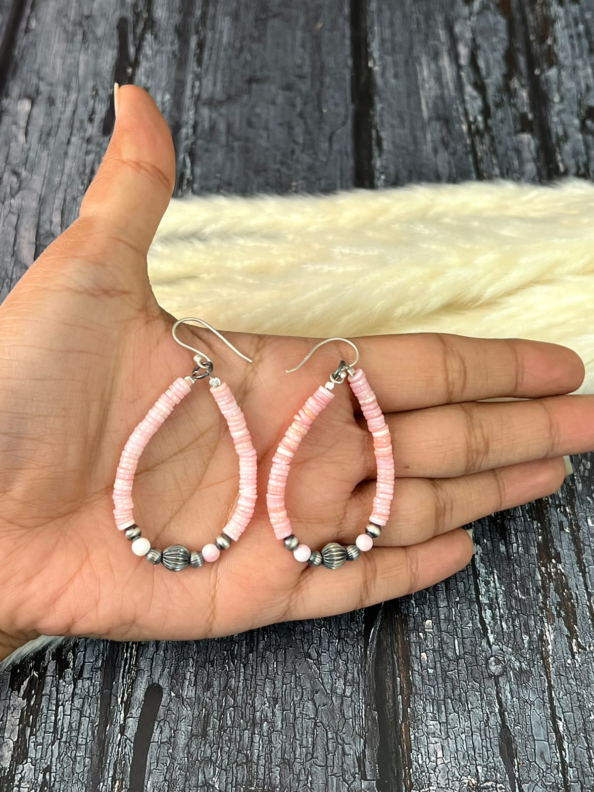 Handmade Sterling Silver Queen Pink Conch Collection: Beaded Hook Dangle Earrings