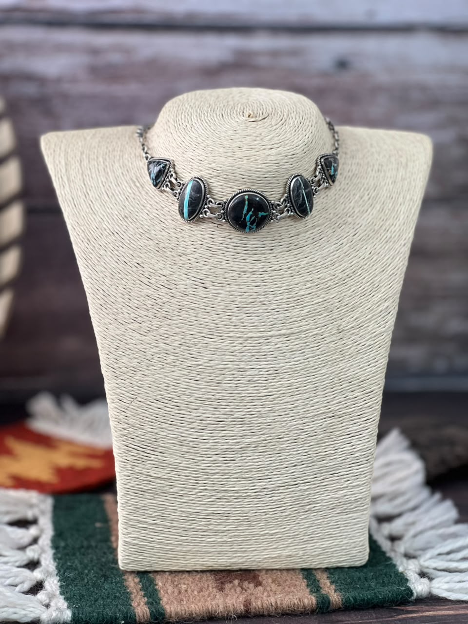 Handmade Sterling Silver Blackjack Turquoise Collection: Choker Necklace Signed Nizhoni
