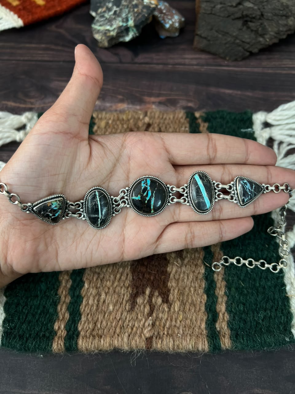 Handmade Sterling Silver Blackjack Turquoise Collection: Choker Necklace Signed Nizhoni