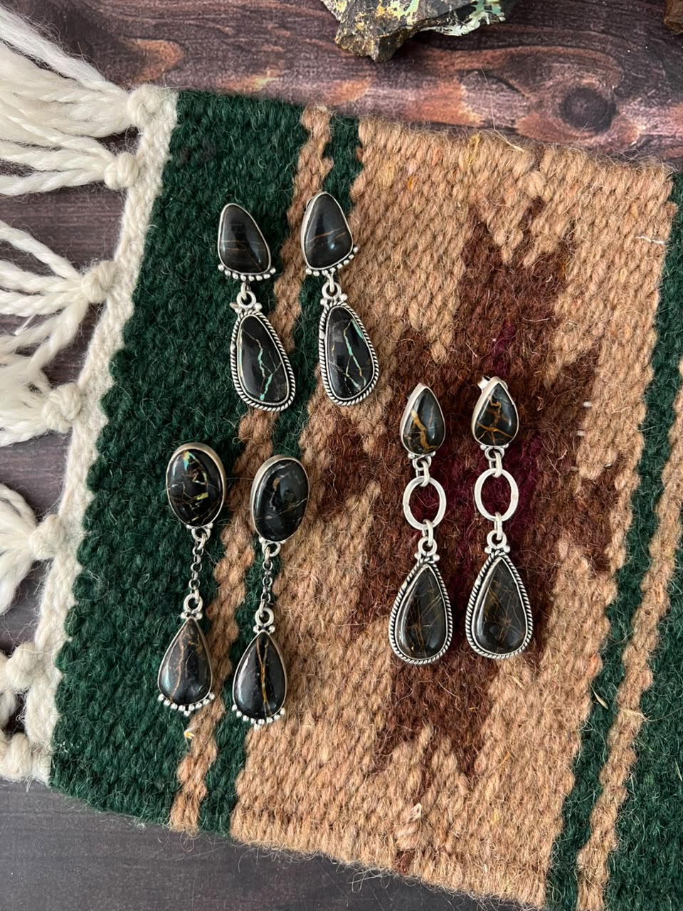 Handmade Sterling Silver Blackjack Turquoise Collection: Post Dangle Earrings Signed Nizhoni
